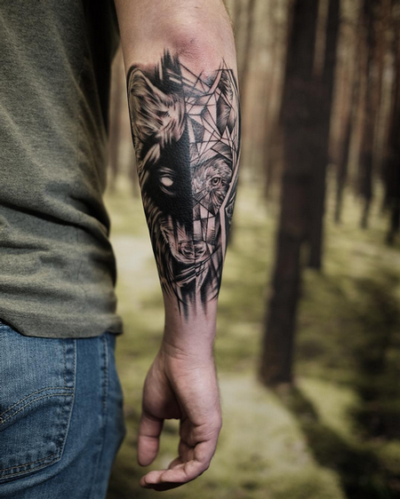 Michael Bales - Realistic/Geometric Wolf on Forearm- Instagram @MichaelBalesArt